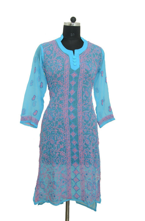 Blue Long Georgette Kurti with Chikankari Embroidery