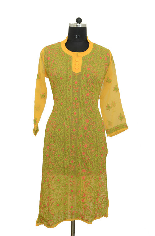 Green Yellow Long Georgette Kurti with Chikankari Embroidery