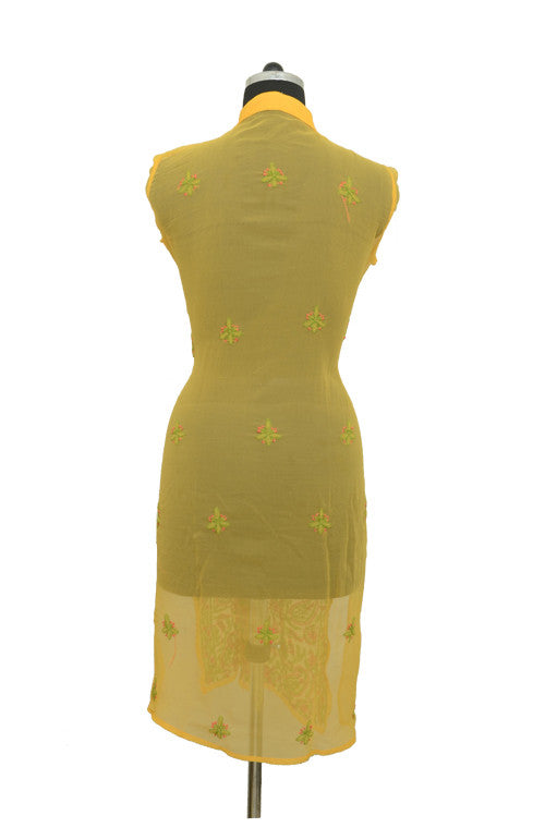 Green Yellow Long Georgette Kurti with Chikankari Embroidery-Saira's Boutique