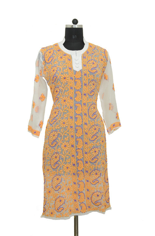 White Orange Long Georgette Kurti with Chikankari Embroidery