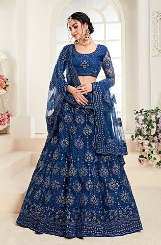 Teal Blue Designer Heavy Embroidered Net Bridal Lehenga
