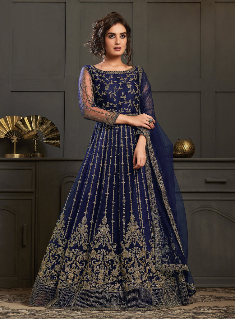 Dark Cobalt Blue Designer Heavy Embroidered Wedding Anarkali Gown-Saira's Boutique