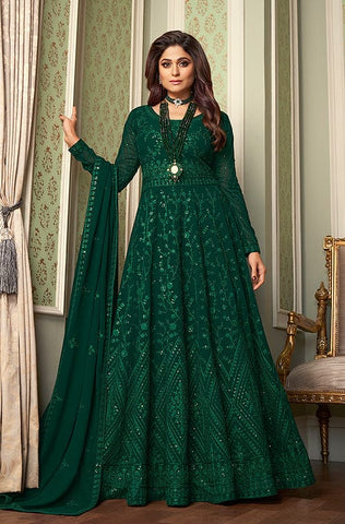Palm Green Designer Embroidered Floor Length Silk Anarkali Suit