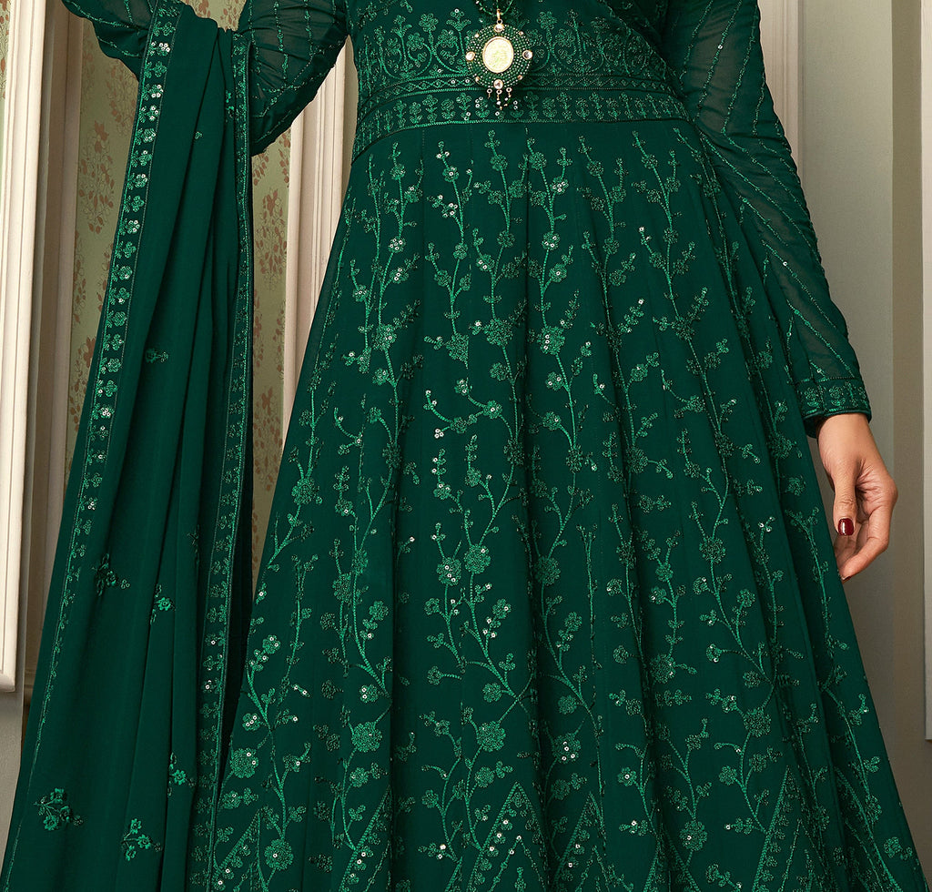Dark Green Designer Heavy Embroidered Wedding Anarkali Suit-Saira's Boutique