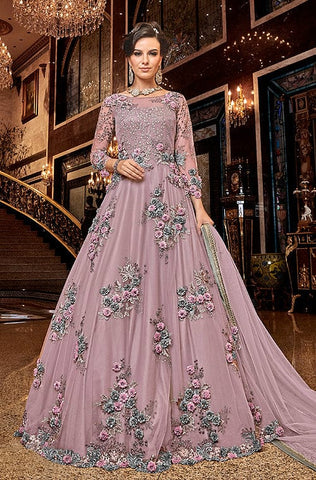 Sage Gray Designer Heavy Embroidered Net Wedding Anarkali Gown