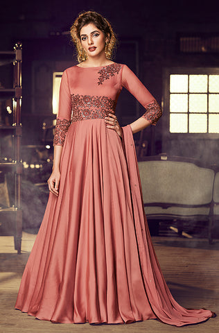 Coral Pink Designer Embroidered Pure Georgette Pant Style Anarkali Gown