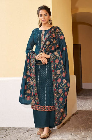 Sea Green Designer Embroidered Silk Party Wear Palazzo Suit