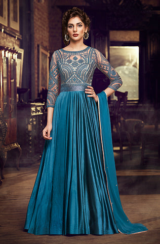 Teal Blue Designer Embroidered Taffeta Silk Party Wear Gown