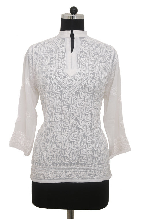 White Georgette Top with Chikankari Embroidery
