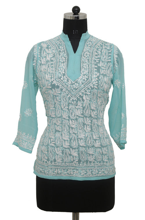 Turquoise Blue Georgette Top with Chikankari Embroidery