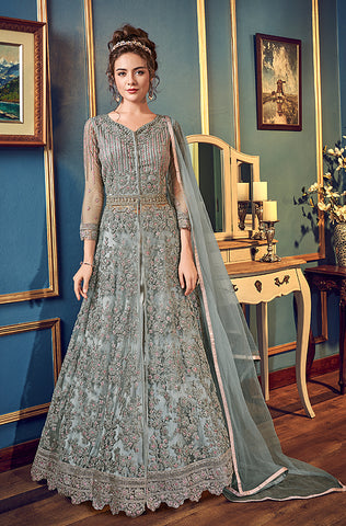 Salmon Pink & Gray Designer Heavy Embroidered Bridal Anarkali Gown