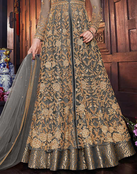 Gray Gold Designer Embroidered Silk Bridal Anarkali Gown