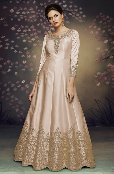 Ivory Beige Designer Embroidered Satin Silk Anarkali Gown Saira s Boutique