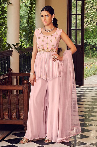 Sage Green & Coral Pink Designer Heavy Embroidered Georgette Sharara Suit