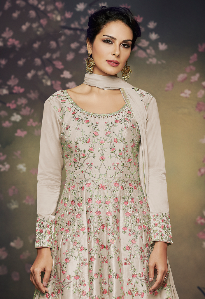 Light Ivory Beige Designer Embroidered Satin Silk Anarkali Gown-Saira's Boutique