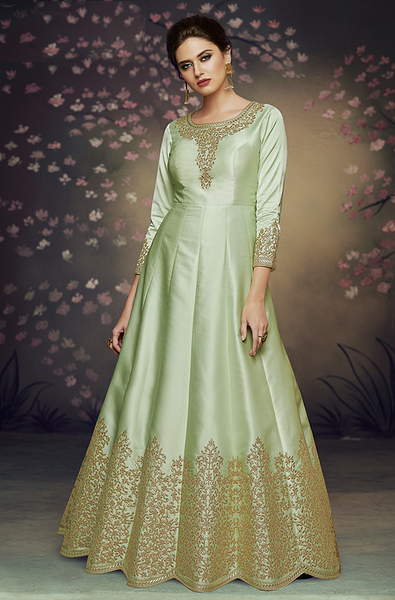 Light Sea Green Designer Embroidered Satin Silk Anarkali Gown Saira s Boutique