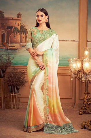 Beige Multicolor Designer Embroidered Silk Wedding Saree