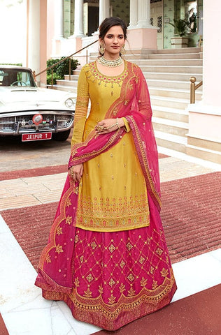 Cream Yellow & Magenta Designer Embroidered Silk Wedding Lehenga