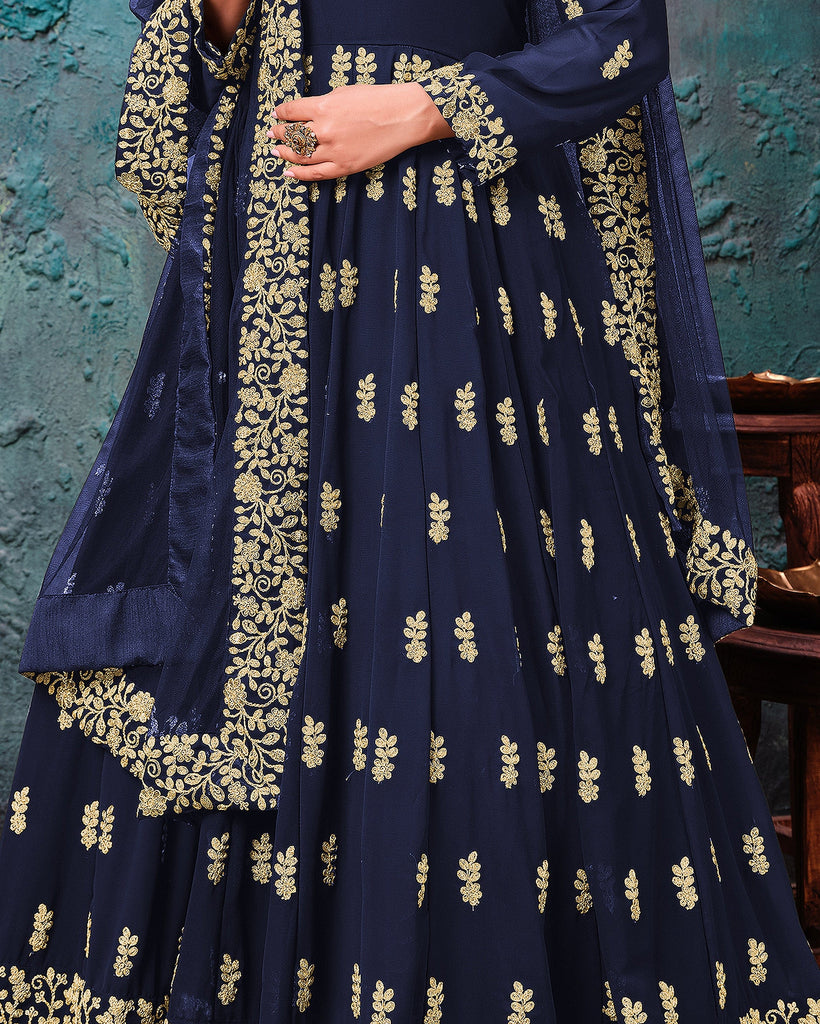 Navy Blue Designer Embroidered Georgette Anarkali Suit-Saira's Boutique