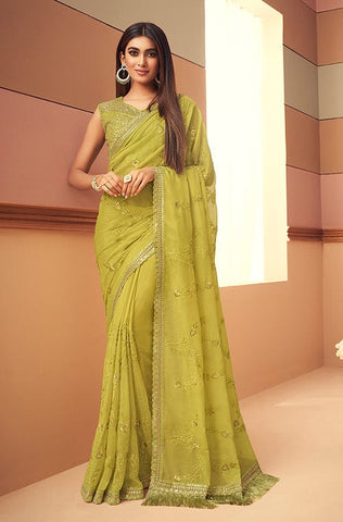 Shaded Blue & Green Designer Embroidered Silk Party Wear Saree