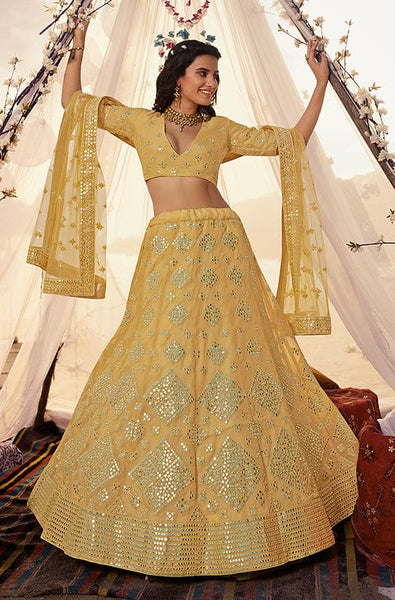 Yellow and green bridal lehenga deals