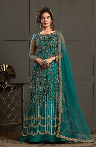 Teal Blue Designer Jacquard Silk Party Wear Anarkali Gown