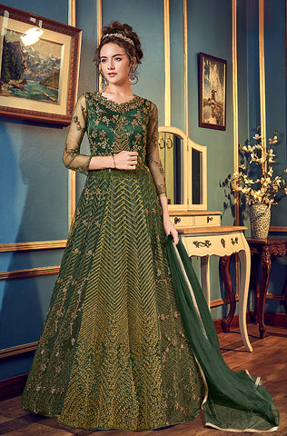 Charcoal Gray Designer Heavy Embroidered Net Bridal Anarkali Gown