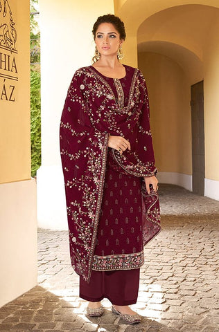 Wine Designer Embroidered Peplum Style Sharara Suit