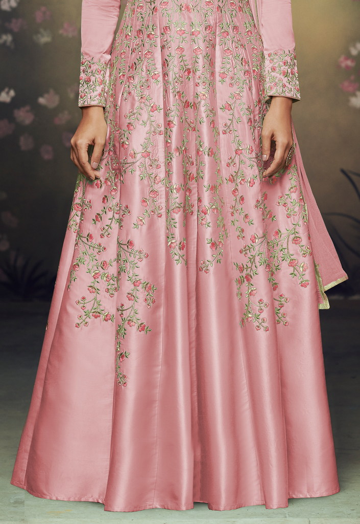 Rose Pink Designer Embroidered Satin Silk Anarkali Gown-Saira's Boutique
