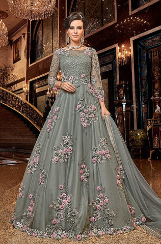 Gray Designer Heavy Embroidered Net Wedding Anarkali Gown