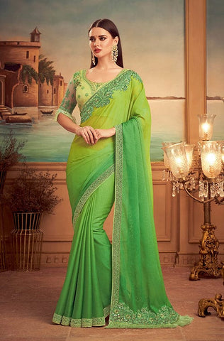 Shaded Olive & Green Designer Embroidered Silk Party Wear Saree