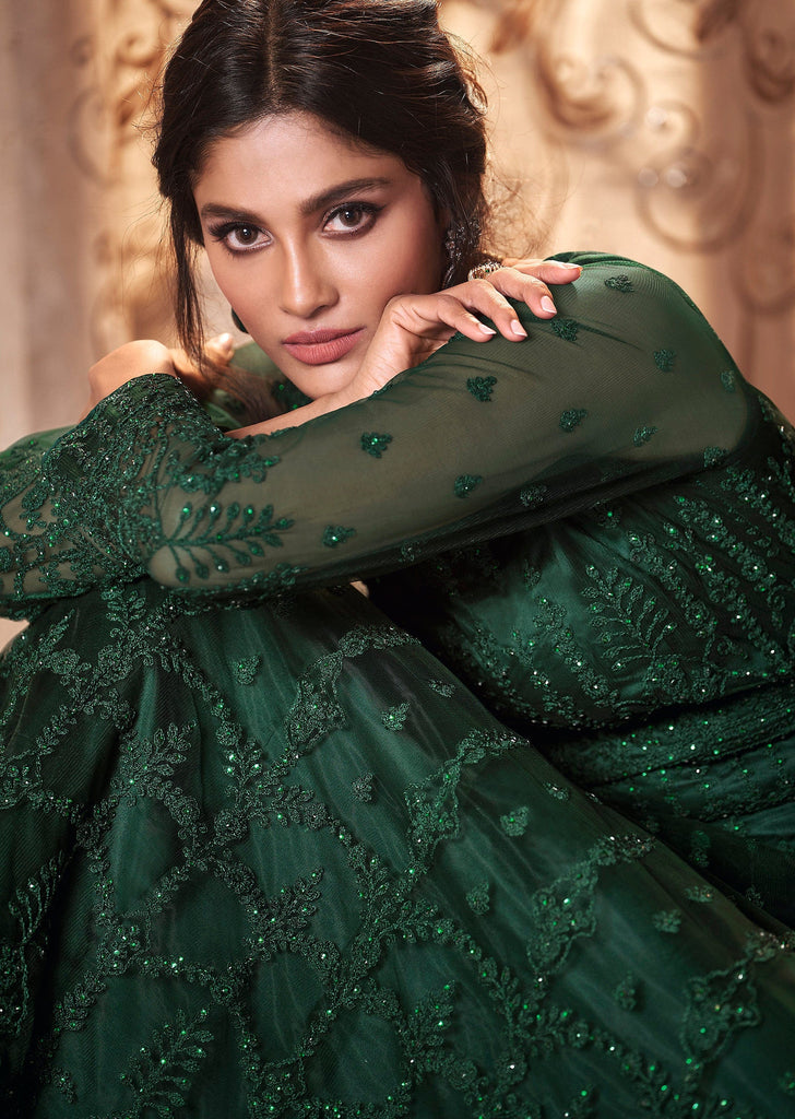 Sherwood Green Designer Embroidered Wedding Anarkali Suit-Saira's Boutique