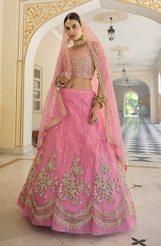 Pink Mauve Designer Heavy Embroidered Net Wedding & Bridal Lehenga