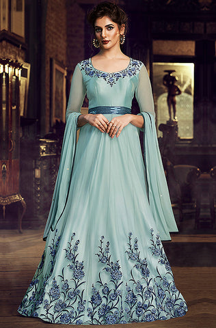Teal Blue Designer Embroidered Taffeta Silk Party Wear Gown