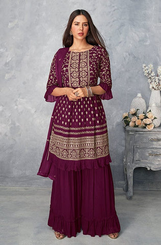 Lilac Blush Designer Embroidered Silk Party Wear Palazzo Suit