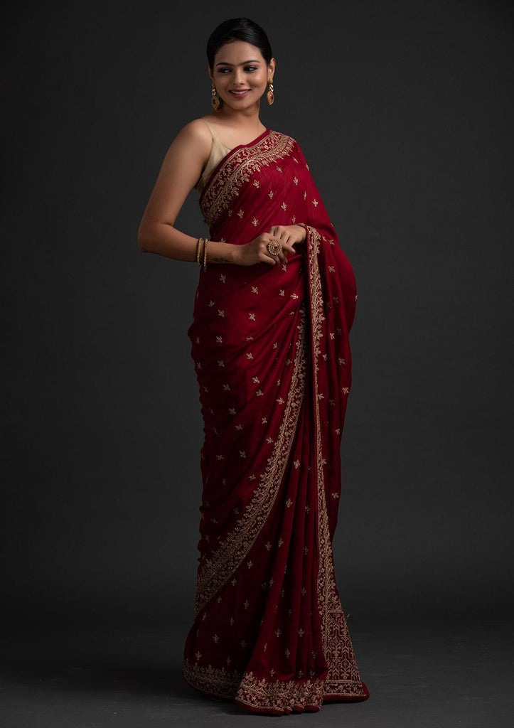 Rosewood Red Designer Embroidered Silk Wedding Saree-Saira's Boutique