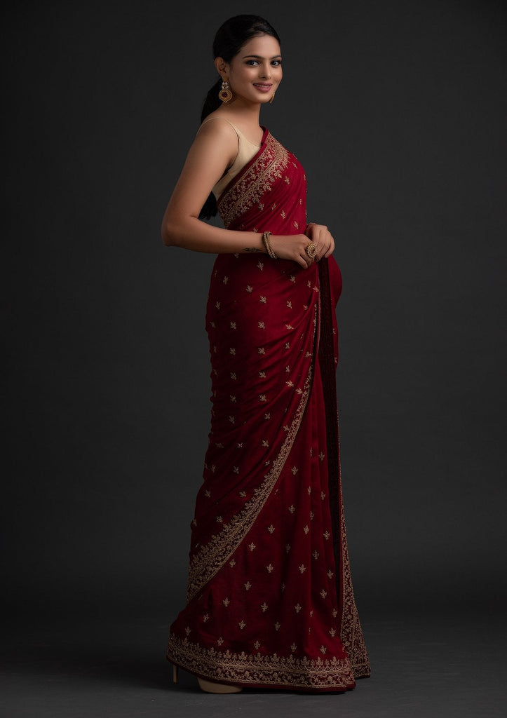 Rosewood Red Designer Embroidered Silk Wedding Saree-Saira's Boutique