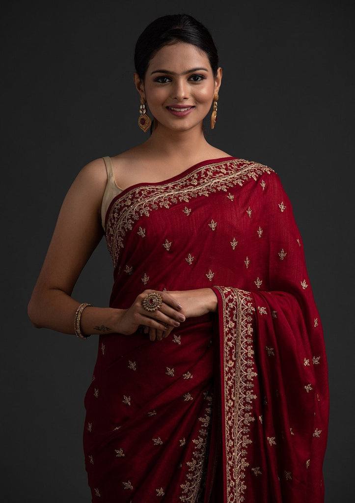 Rosewood Red Designer Embroidered Silk Wedding Saree