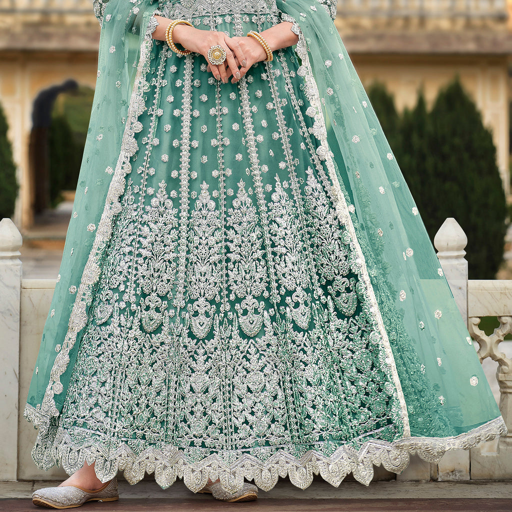 Acapulco Green Designer Heavy Embroidered Wedding Anarkali Suit-Saira's Boutique