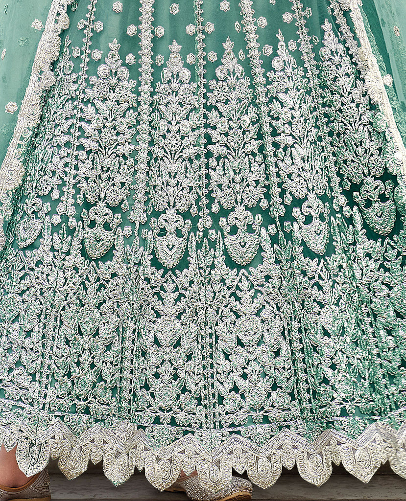 Acapulco Green Designer Heavy Embroidered Wedding Anarkali Suit-Saira's Boutique