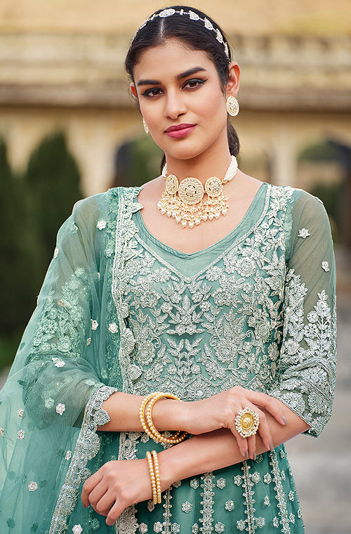 Acapulco Green Designer Heavy Embroidered Wedding Anarkali Suit-Saira's Boutique