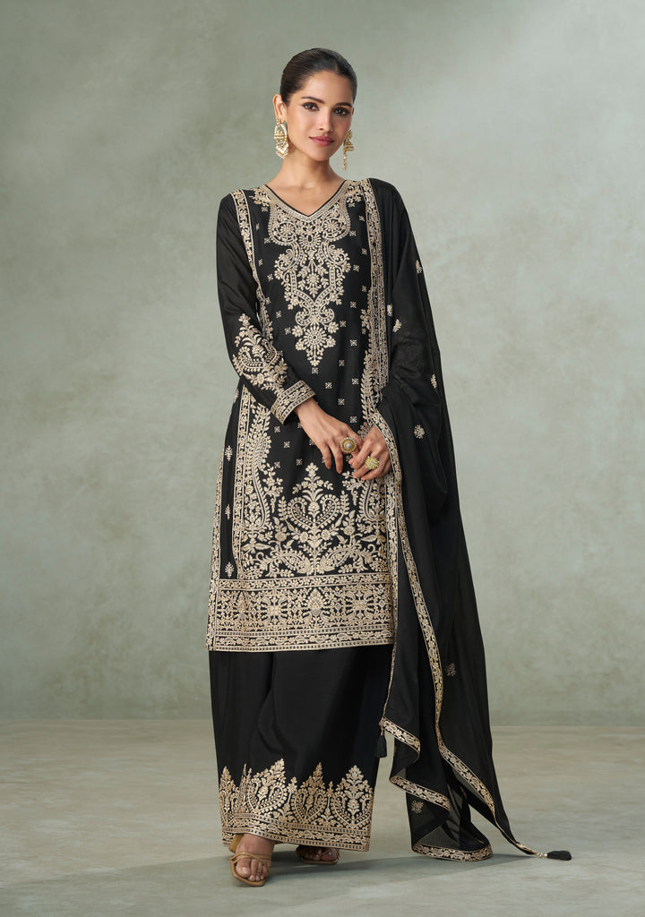 Black Designer Embroidered Chinon Silk Party Wear Palazzo Suit