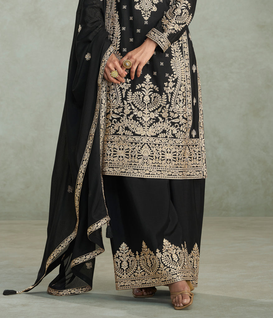 Black Designer Embroidered Chinon Silk Party Wear Palazzo Suit