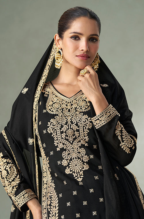Black Designer Embroidered Chinon Silk Party Wear Palazzo Suit