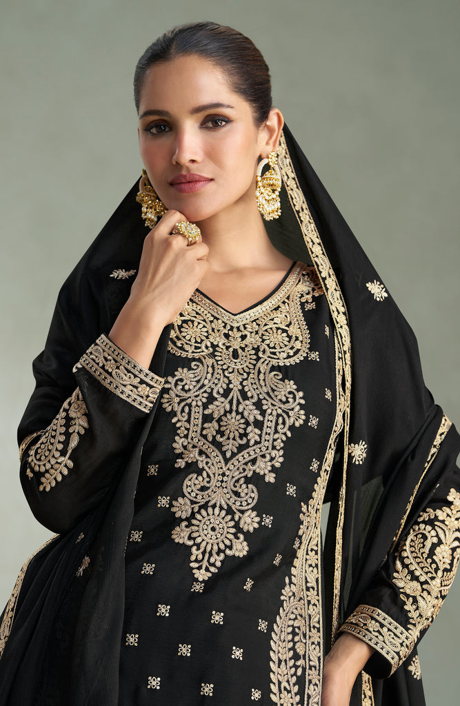 Black Designer Embroidered Chinon Silk Party Wear Palazzo Suit