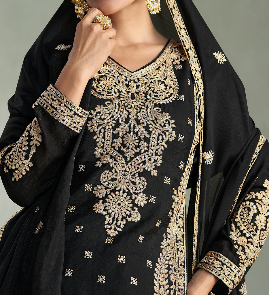 Black Designer Embroidered Chinon Silk Party Wear Palazzo Suit