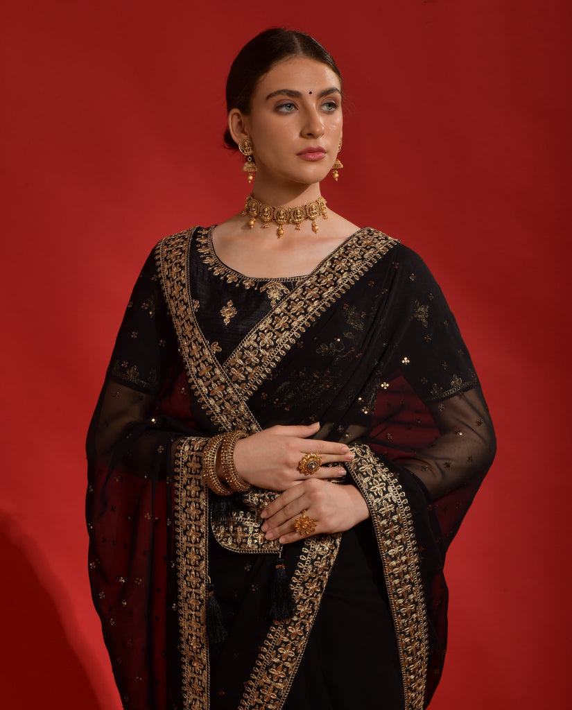 Black Designer Embroidered Georgette Wedding Saree-Saira's Boutique