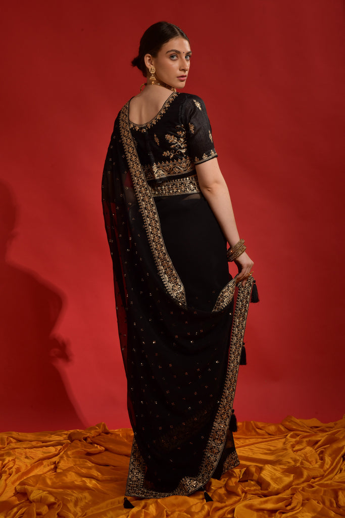 Black Designer Embroidered Georgette Wedding Saree-Saira's Boutique