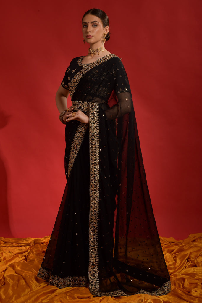 Black Designer Embroidered Georgette Wedding Saree-Saira's Boutique