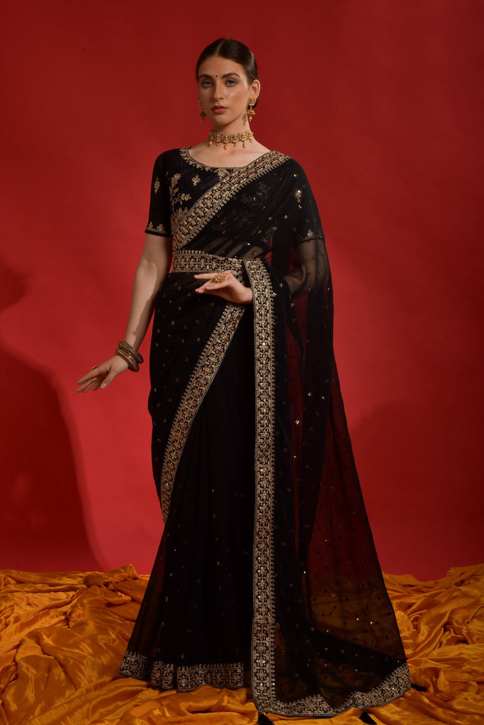 Black Designer Embroidered Georgette Wedding Saree-Saira's Boutique